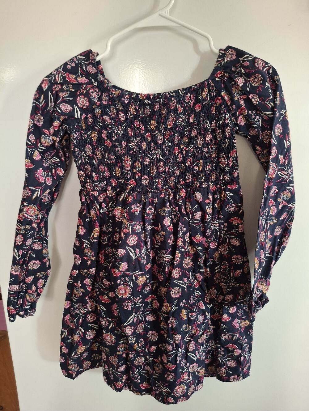 Girls' Navy Floral Smocked Long-Sleeve Dress Top
